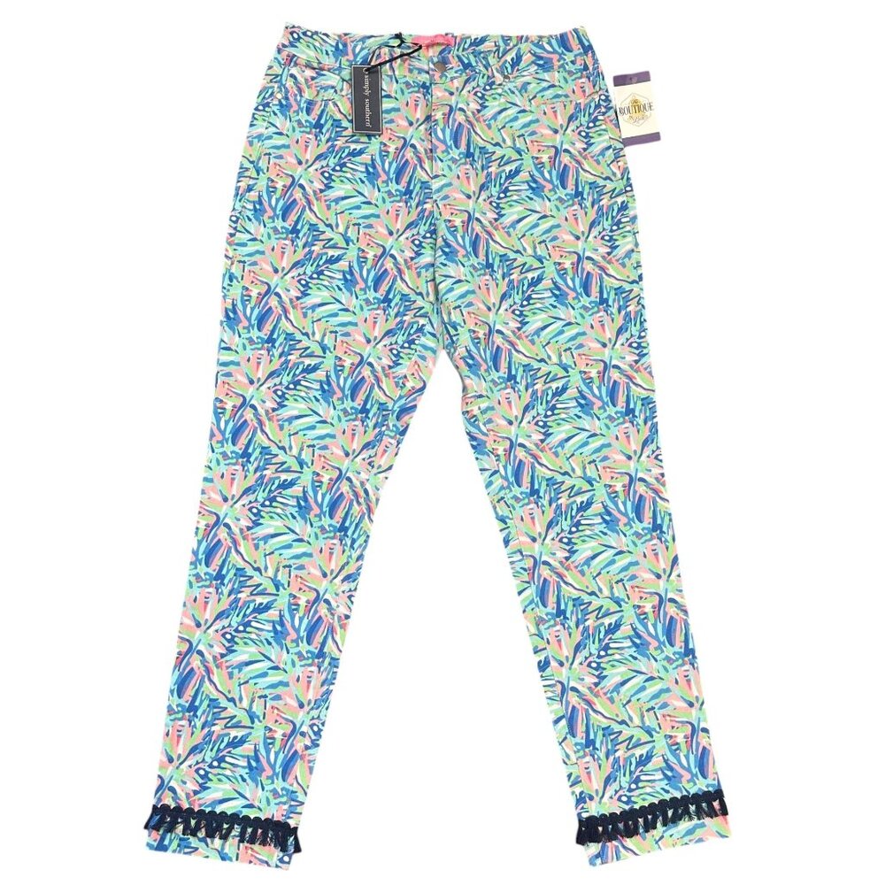 NWT Simply Southern Womens L Tropical Pants Abstract Tassel Fringe Stretch